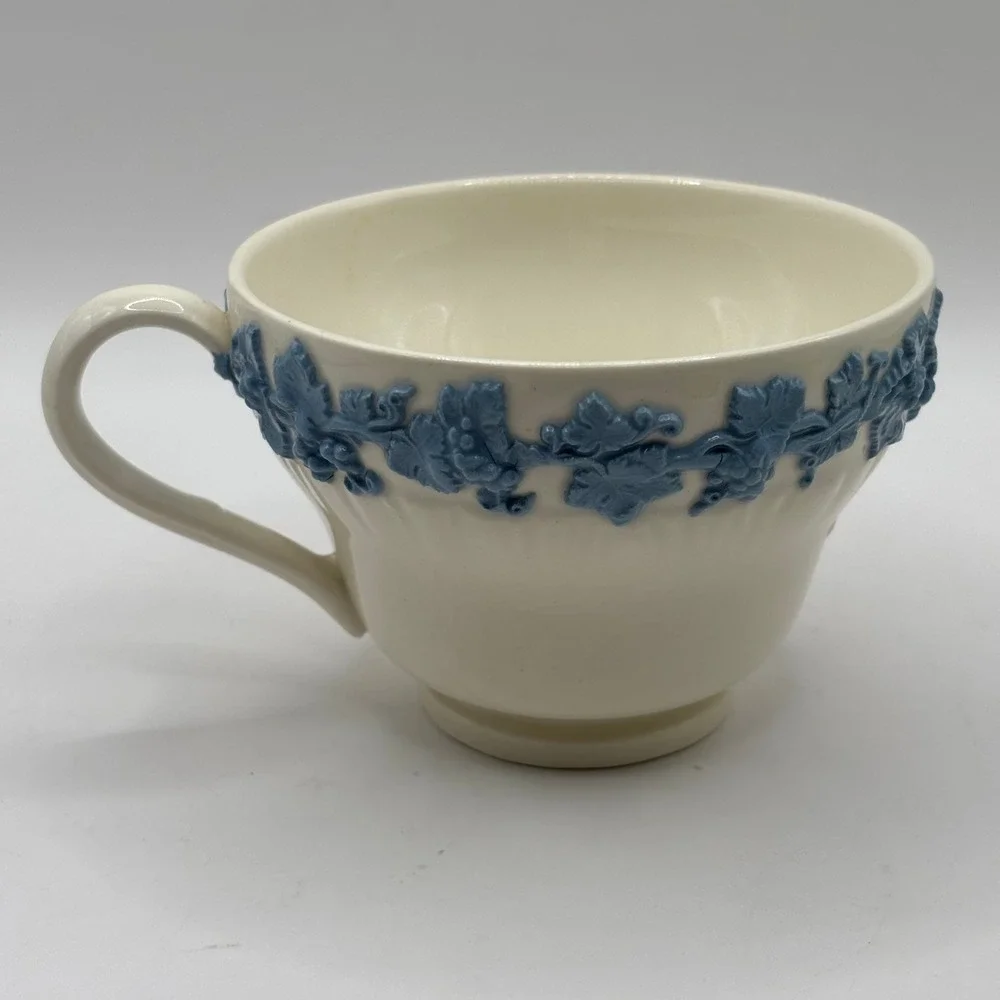 Wedgwood Embossed Queens‎ Ware Tea Cup and Saucer Lavender Blue on Cream England